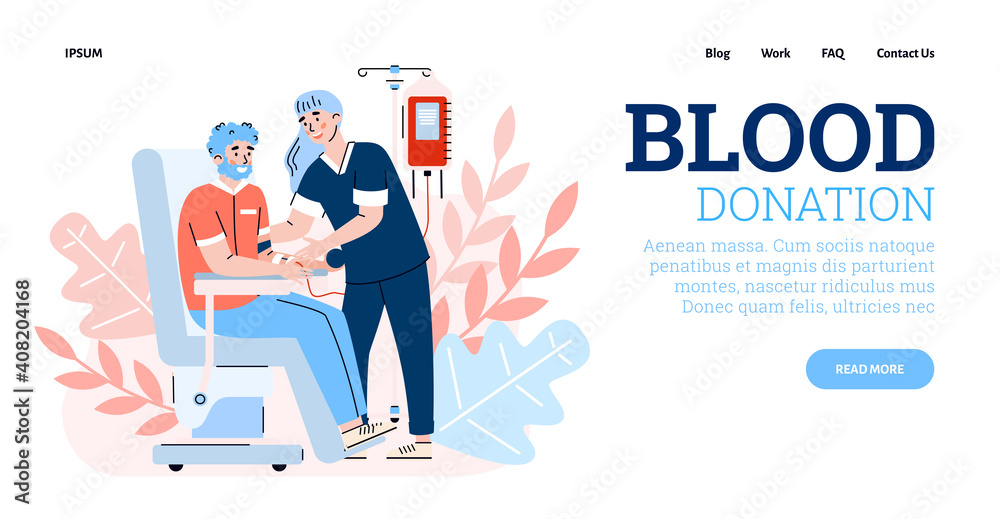 Volunteering, donation blood for save health and life people. Male donor volunteer sitting in medical chair and donate lifeblood for hospital or blood bank. Vector design for web