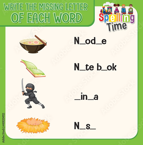 Write the missing letter of each word worksheet for children