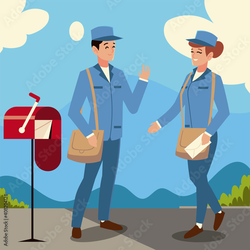 postal service postman and woman character mailbox