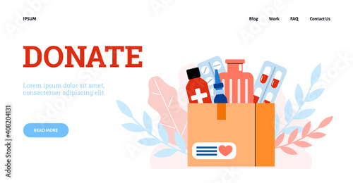 Concept of donation of medical supplies and medicines web banner, cartoon vector flat illustration. Charitable assistance to needy patients and ill people.