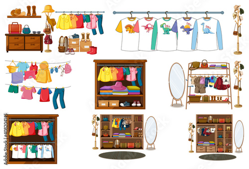 Set of clothes, accessories and wardrobe isolated on white background