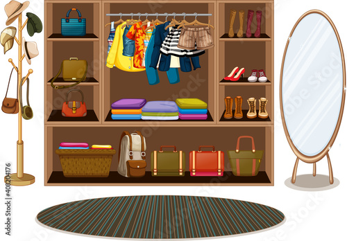 Clothes hanging on a clothesline with accessories in wardrobe