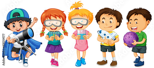 Group of young children cartoon character on white background