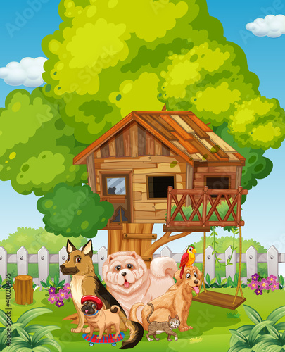 Group of pet in the garden scene