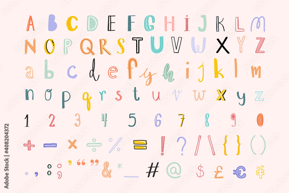 Hand drawn vector alphabet numbers sign doodle font set Hand drawn vector alphabet numbers sign doodle font set