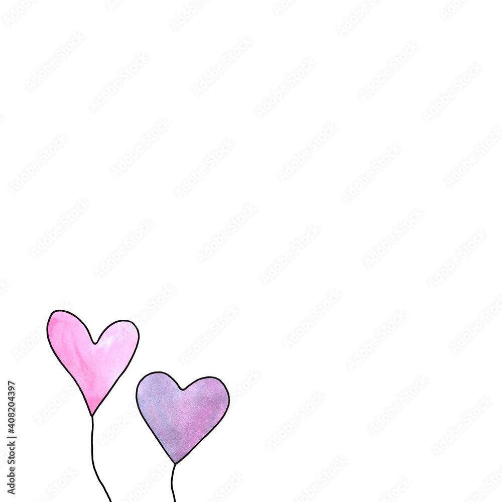 Pair of pink hearts isolated on a white background. Symbol of love, romance. Template for postcards. Simple illustration for Valentines day, birthday, mothers day, greeting card, web. Hand drawn