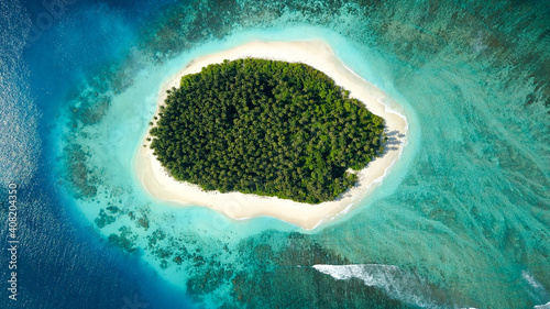Aerial Drone Island Palm Trees Tropical Ocean Reef  photo