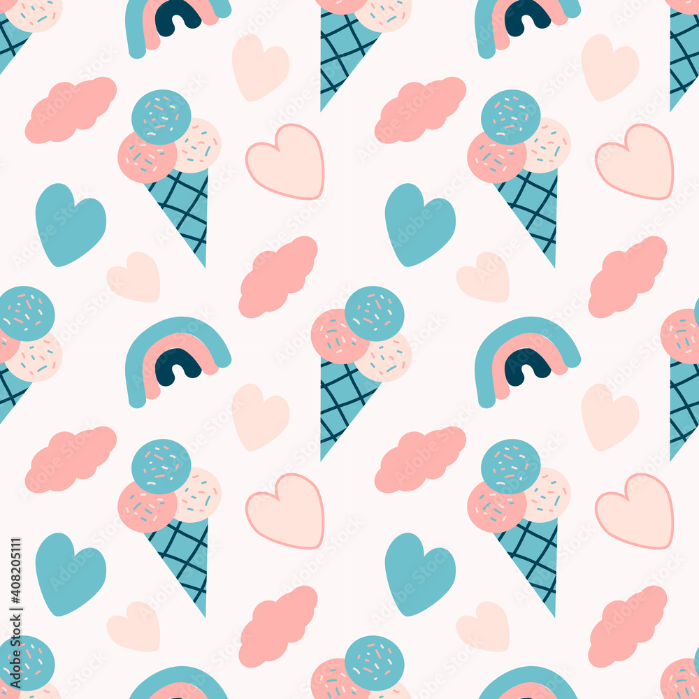 cute vector seamless pattern with hand drawn  rainbows, ice-cream, clouds and hearts on a light background. childish flat illustration for printing on fabric, clothing, wrapping paper