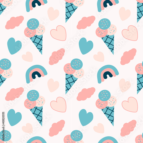cute vector seamless pattern with hand drawn  rainbows, ice-cream, clouds and hearts on a light background. childish flat illustration for printing on fabric, clothing, wrapping paper