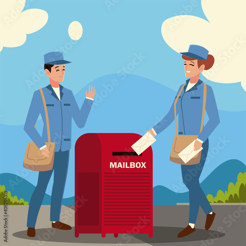 postal service postman and woman mailbox envelopes city street