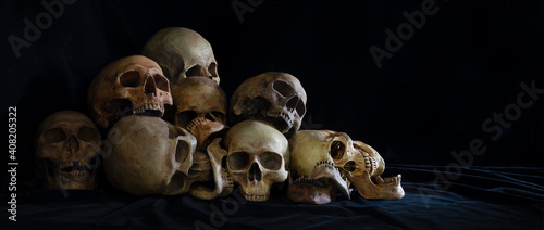The pile of old skulls put on black cloth and black background