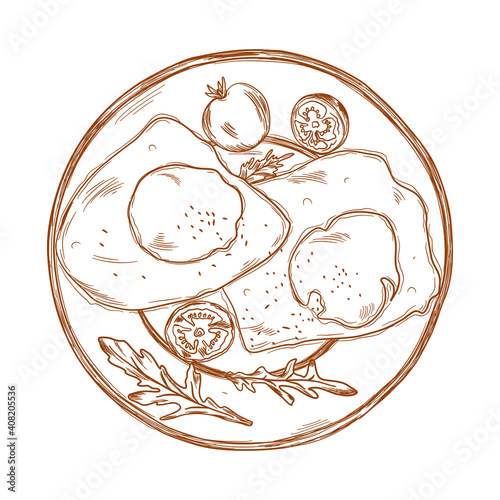 Sketch of fried eggs with vegetables. Food background.