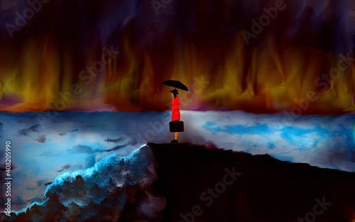 Man on a cliff, drawing in watercolor.