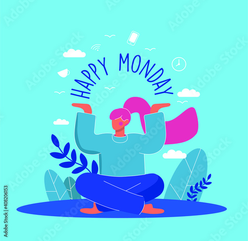 Girl for banner monday. ... Figures of a woman in blue clothes. Vector illustration. Flat design