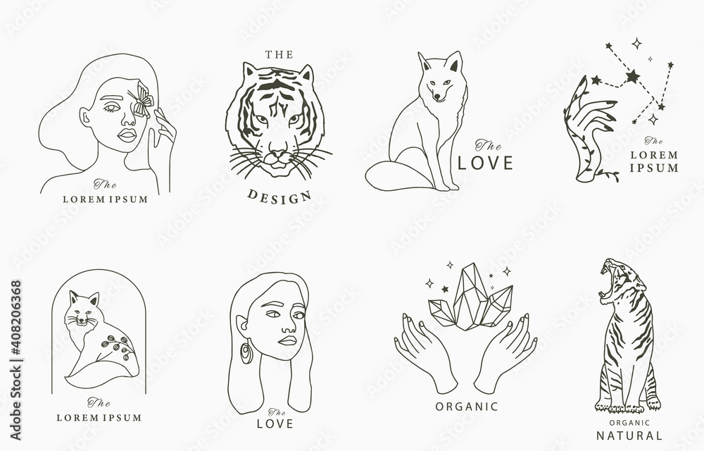 Black line collection with woman, fox,tiger.Vector illustration for icon,sticker,printable and tattoo