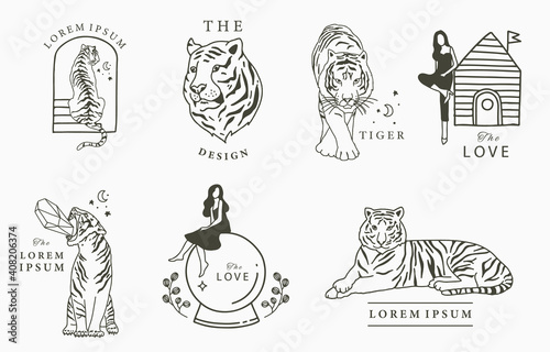 Black line collection with woman, fox,tiger.Vector illustration for icon,sticker,printable and tattoo