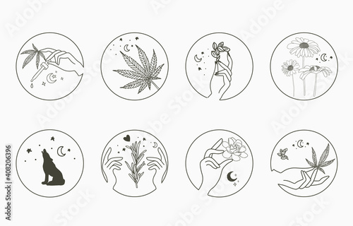 Line object collection with hand, cannabis,fox,sunflower,moon © piixypeach