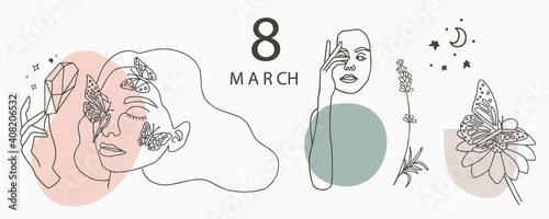 Collection of line design with geometric,flower,woman.Editable vector illustration for website, invitation,postcard and banner