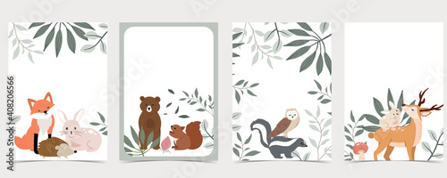 Collection of animal cards set with bear,skunk.Vector illustration for birthday invitation,postcard and sticker.Editable element