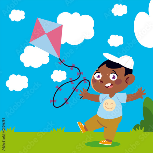 little boy playing with kite in the yard cartoon  children
