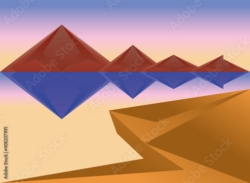 Polygonal landscape of desert mountains in front of lake vector design