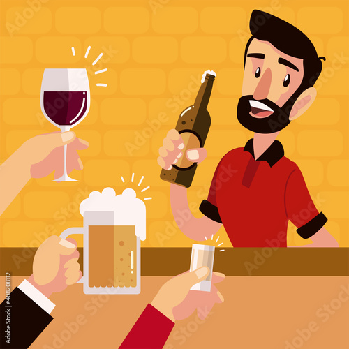 man character with bottle of beer and hands cheers with drinks