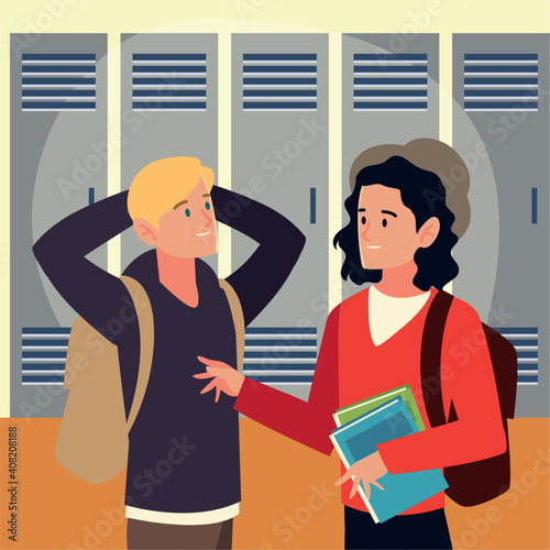 students boys talking in the hall with lockers background