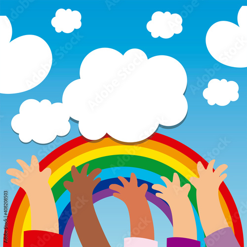raised hands with rainbow and clouds cartoon, childrens