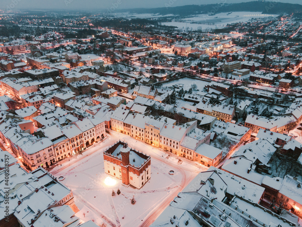 City Hall on Main City Square in Old Town. Tarnow MArket Square in Snow at Winter. City Lights.Poland