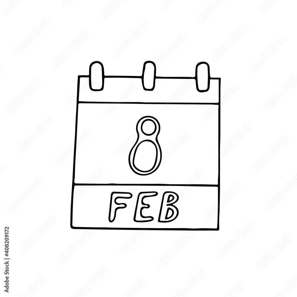 calendar hand drawn in doodle style. February 8. Day, date. icon, sticker, element, design. planning, business holiday