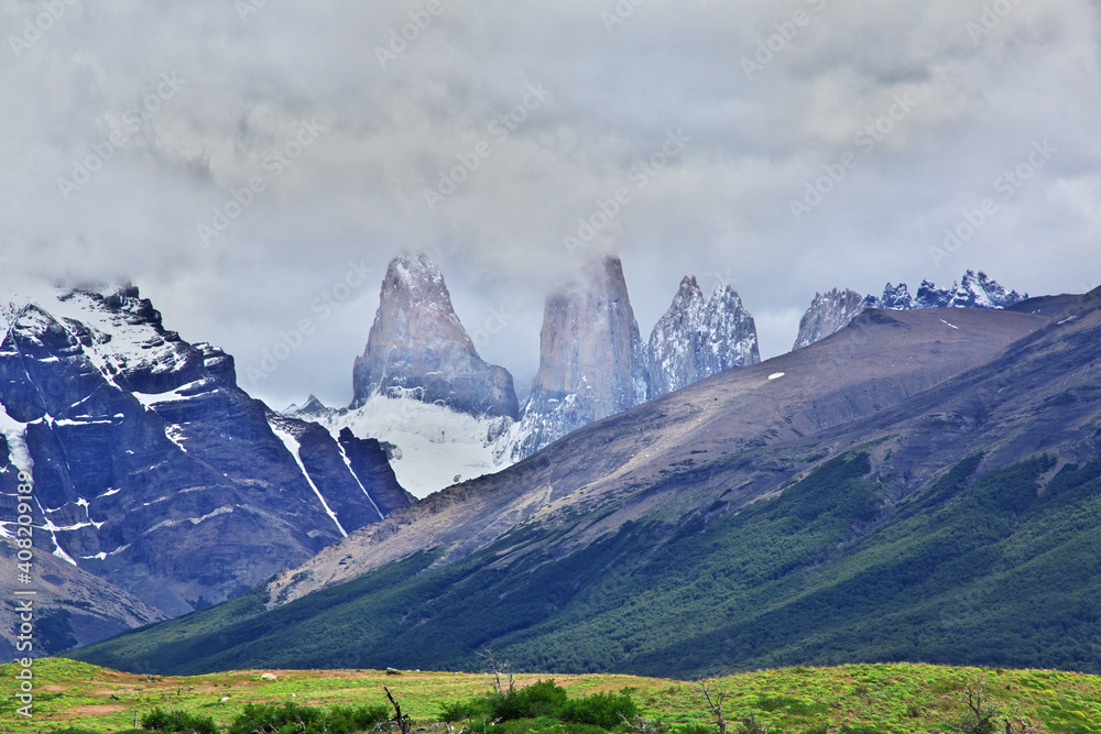 Blue towers in Torres del Paine National Park, Patagonia, Chile