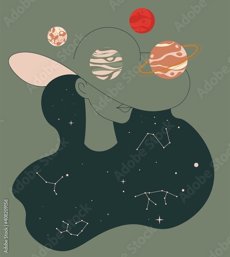 Obraz na plátně Woman portrait and planets on hat, galaxy space