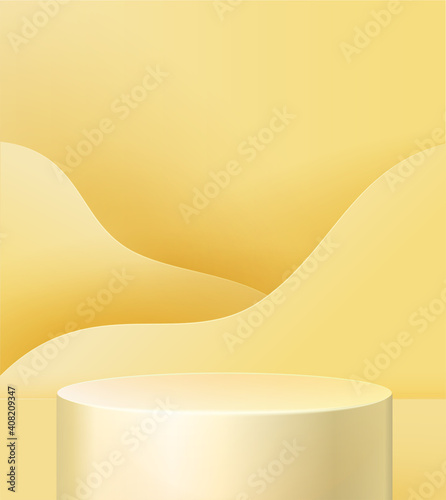 pedestal on a yellow background. Trend podium 3d on the background of waves cut out of paper, with paper plants: a branch with leaves.