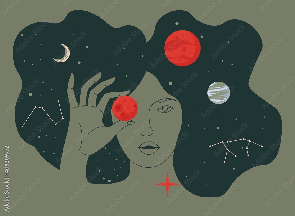 Woman portrait with planets in outer space cosmos - obrazy, fototapety, plakaty 