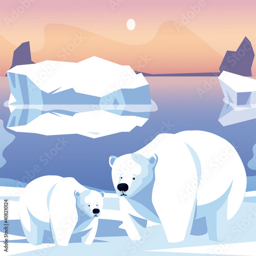 polar bears family in snow iceberg north pole scene