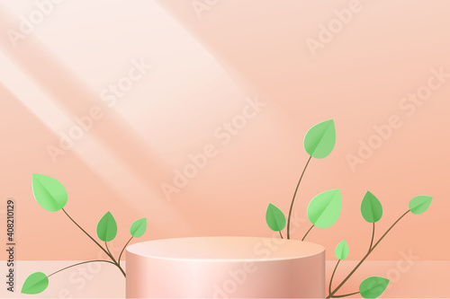 Gold pedestal on a pink background. Trend podium 3d , with paper plants: a branch with leaves and light effect.