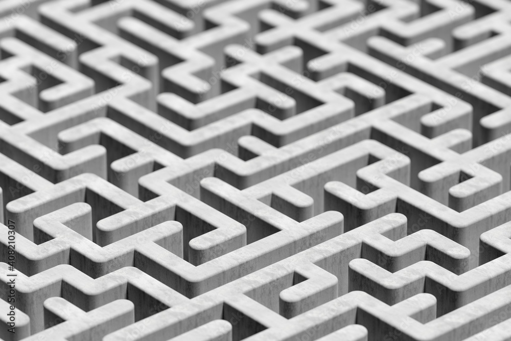 Large concrete maze or labyrinth over white background, success, strategy or solution concept