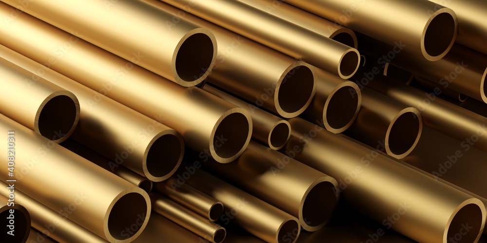 Brass tube profiles stack or heap frame filling background, metal manufactoring or product concept Brass tube profiles stack or heap frame filling background, metal manufactoring or product concept