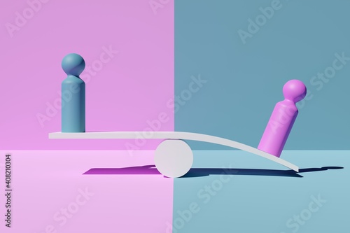 Cuadro en lienzo Blue and pink figures on scale in imbalance on pink and blue background, abstrac