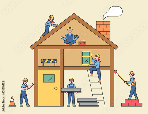 People at the construction site. Cute people are building houses around the section of the house. flat design style minimal vector illustration.