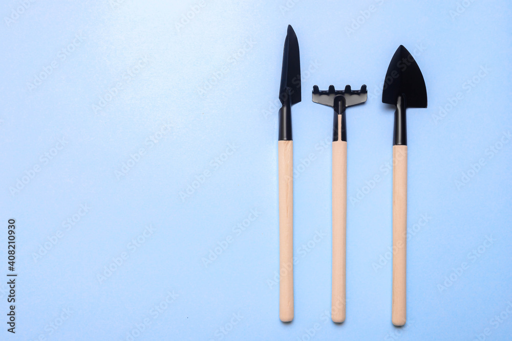 Garden shovels on a blue background . Gardening layout. Spring planting. The care of plants. Work in the ground. Copy space. Garden shovels on a blue background . Gardening layout. Spring planting. The care of plants. Work in the ground. Copy space.