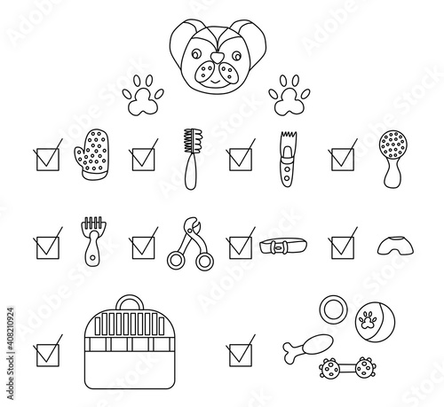 Cheat sheet of necessary purchases for the dog. Vector illustration in doodle style. Sketch-style infographics.