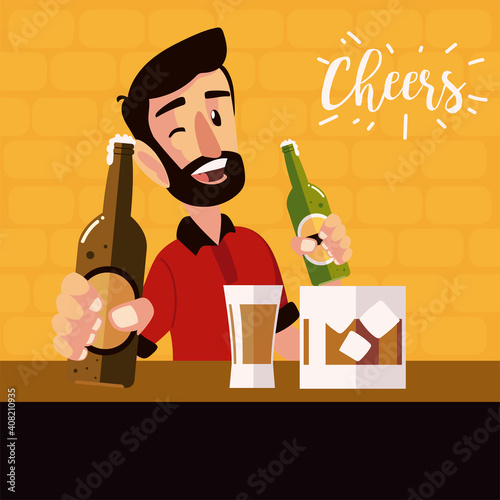 cartoon man beer bottles and whiskey cup celebration, cheers