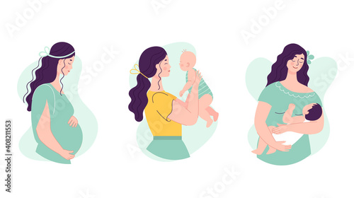 Set of Beautiful young women holding a baby and pregnant woman. The concept of happy motherhood, family, love. Vector illustration in flat style on white background.