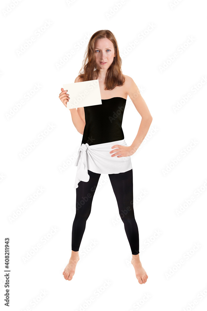 Full length portrait of an athletic slim woman holding a blank placard, isolated on white studio background Full length portrait of an athletic slim woman holding a blank placard, isolated on white studio background