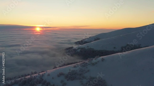 View of the dawn from the snow-capped mountain.