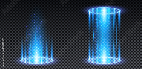 Blue hologram portal. Magic fantasy portal. Magic circle teleport podium with hologram effect. Vector blue glow rays with sparks on transparent background. photo