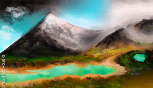 African mountains in the shroud, watercolor drawing.