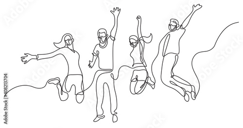 continuous line drawing of four jumping happy team members wearing face masks