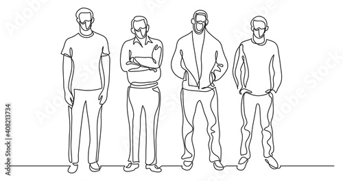 continuous line drawing of four standing men wearing face masks